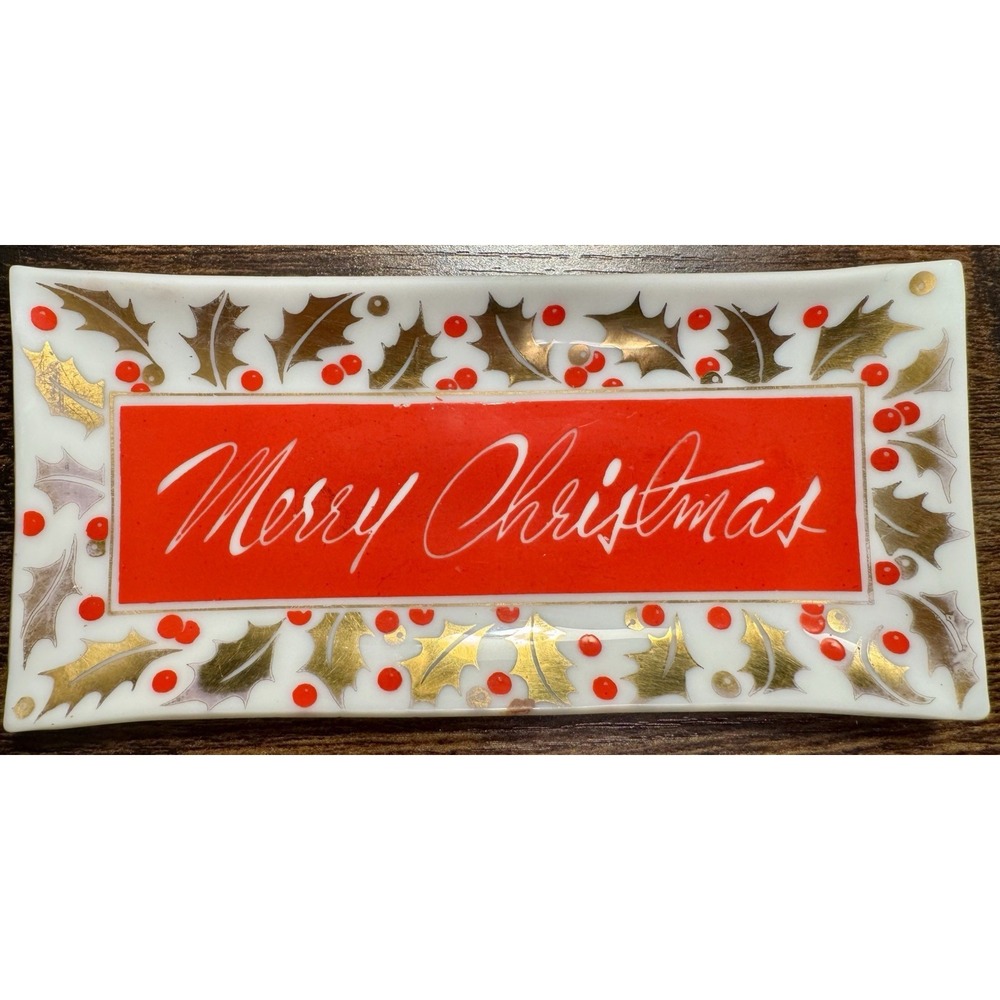 Vintage Houze Art Merry Christmas 50's Glass Christmas Card Trinket Dish Coaster
